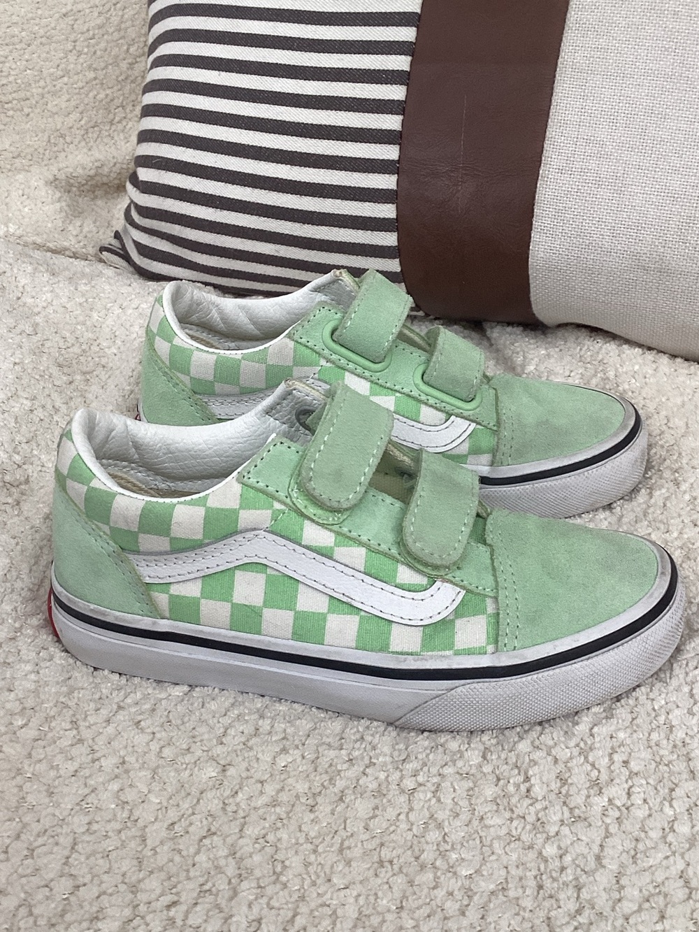 Vans Kids Light Green Checkerboard Velcro Skate Shoes